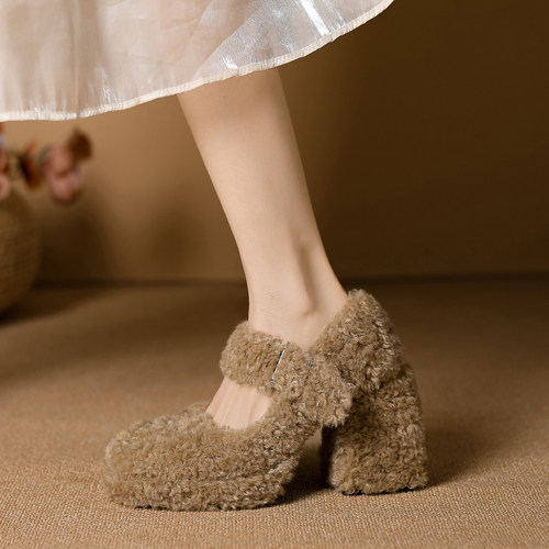 法式羊羔毛毛鞋冬外穿豆豆鞋高跟