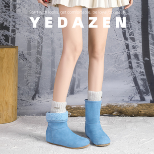 蓝色勃肯真皮面雪地靴女冬加绒2025新款 短筒棉靴平底内增高毛毛鞋