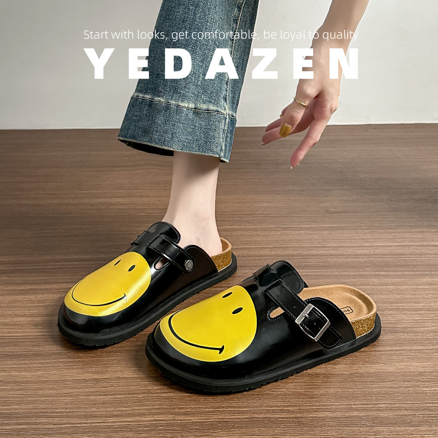 小众设计感笑脸漆皮包头半拖鞋女外穿2026新款黑色厚底皮面勃肯鞋