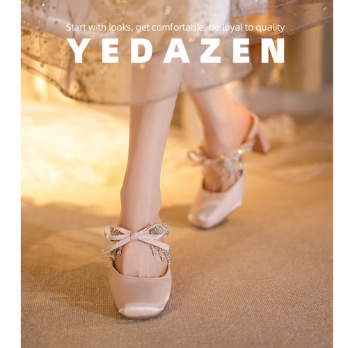 绝美小高跟包头凉鞋女夏外穿时尚高级感水钻蝴蝶结玛丽珍粗跟单鞋