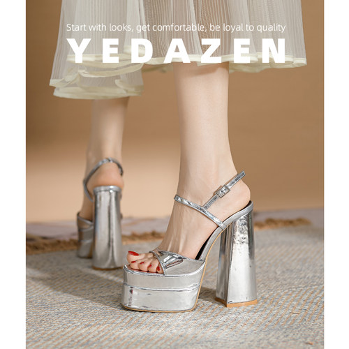 银色防水台粗跟罗马凉鞋仙女风