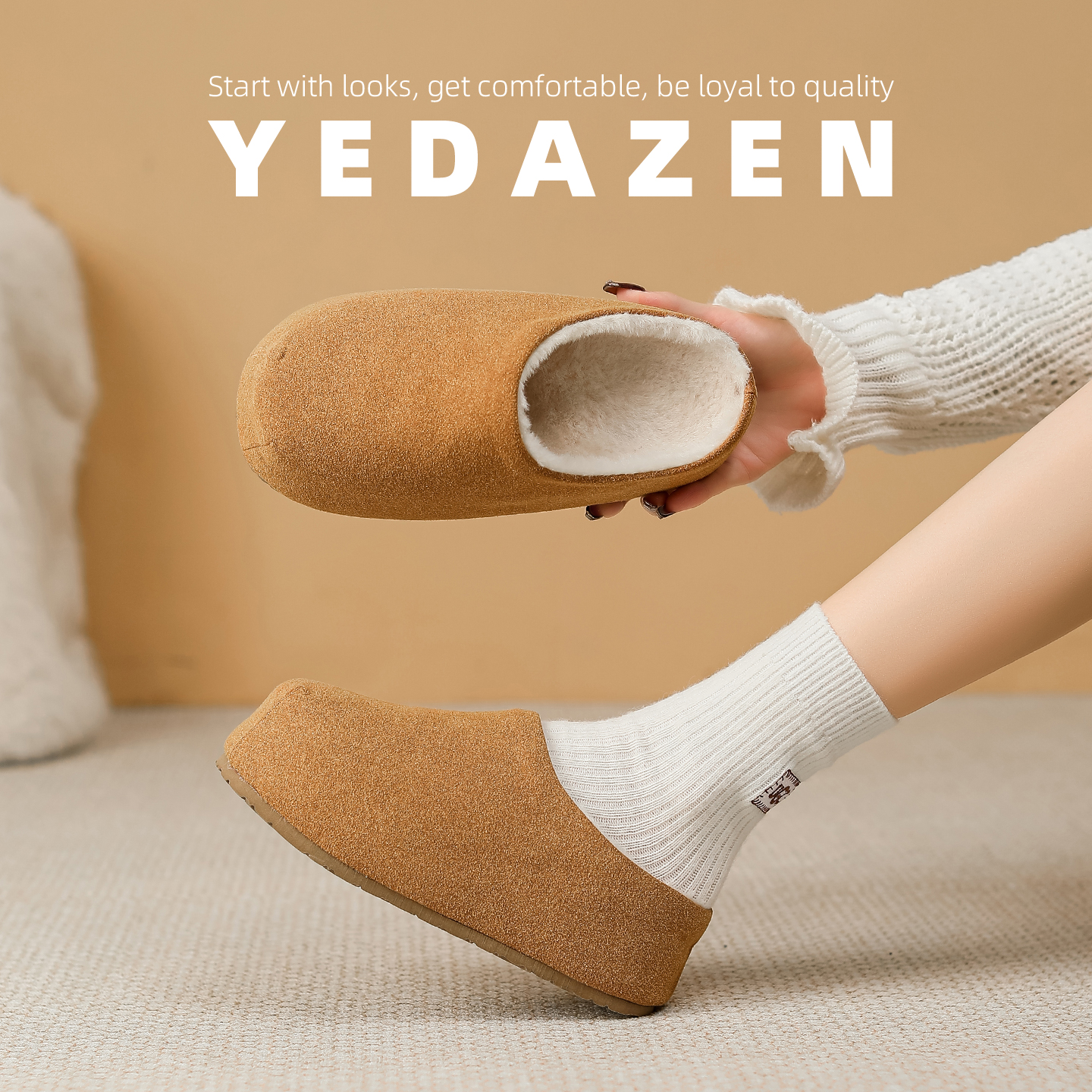 小土豆棕色毛毛鞋女外穿冬加绒内增高勃肯半拖鞋保暖包头棉鞋厚底