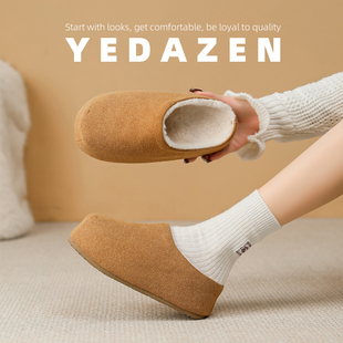 厚底 保暖包头棉鞋 小土豆棕色毛毛鞋 女外穿冬加绒内增高勃肯半拖鞋