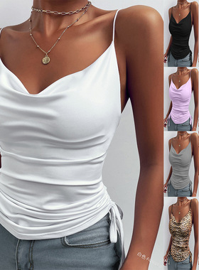 summer Sling Deep V Neck Vest Women's Drawstring Tank Top