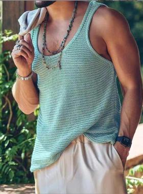 Sleeveless men's solid color vest knitted tops男纯色针织背心