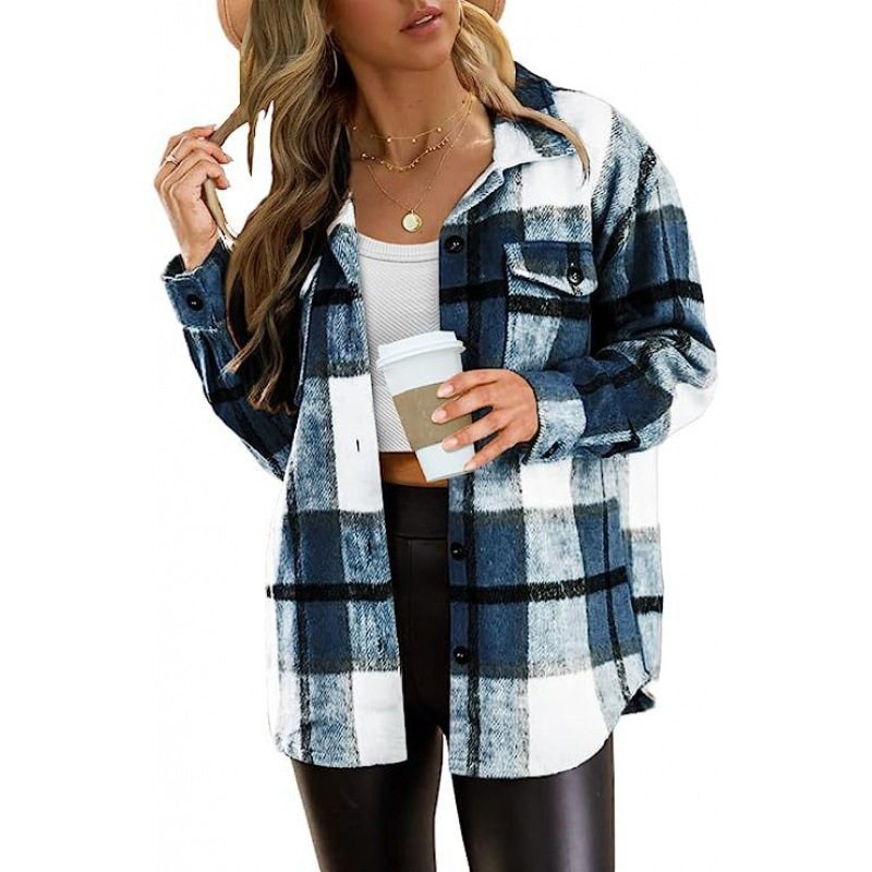 Women Fall Flannel Plaid Button Long Sleeve Shirts Jackets