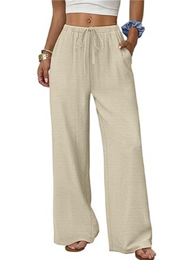 Wide Leg Pants Women Drawstring Elastic Waist Trouser Pocket