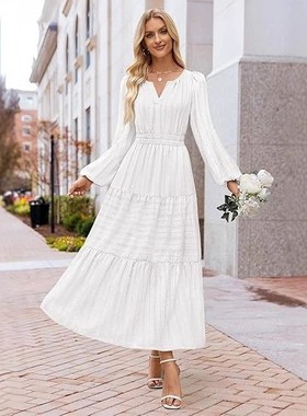 Women's Elegant Long Sleeve V Neck Casual Modest Dress Fall
