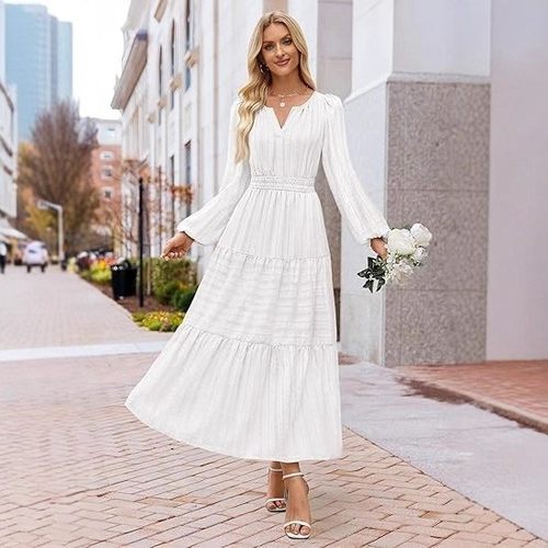 秋冬V领收腰分层泡泡袖连衣裙女