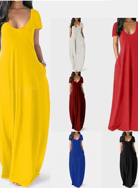 ockets Solid Color Maxi Dress Casual Plus Size Beach Dresses
