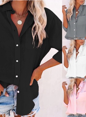 2025 Solid Color Pocket Long-Sleeve blouse women Loose Shirt
