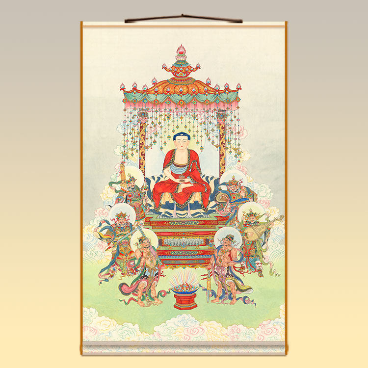 全屏释迦牟尼佛像画 高清密迹天王中式装饰卷轴丝绸挂画 绢布材质