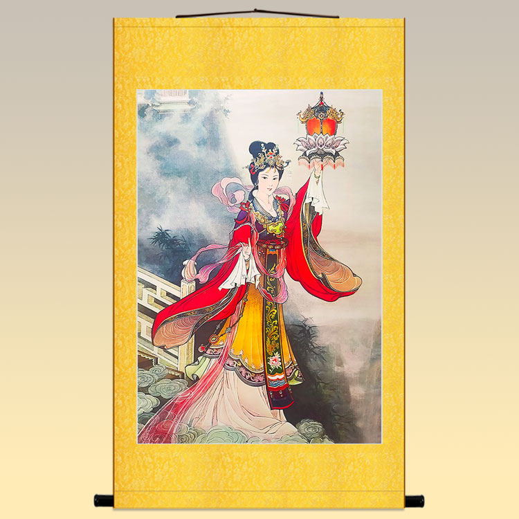 华山三圣母画像宝莲灯神像画神话故事人物卷轴挂画中式装饰丝绸画