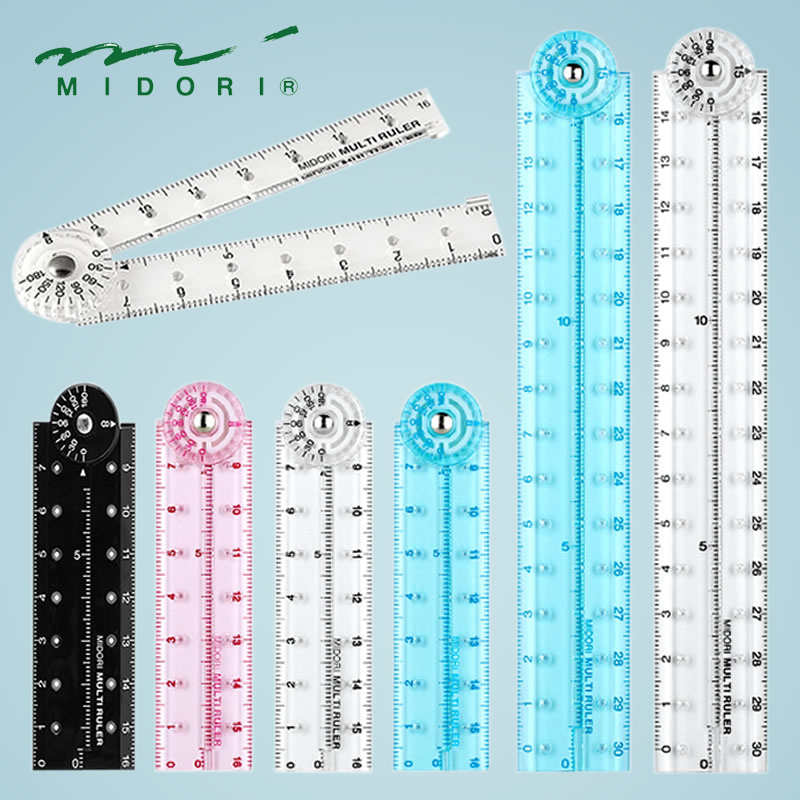 日本midori CL可折叠直尺量角器两用彩色透明 便携收纳学生文具