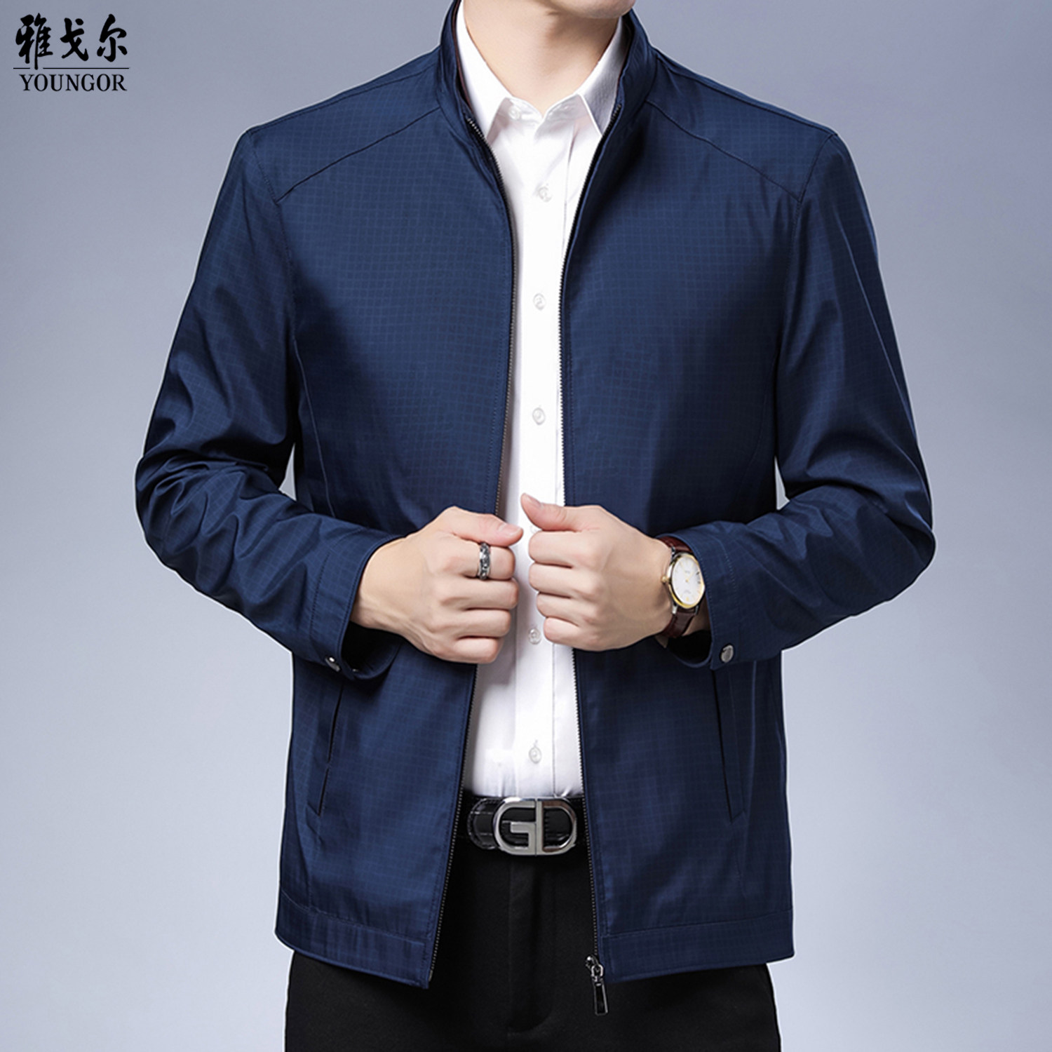 雅戈尔夹克男2025秋冬新款商务休闲中年爸爸装立领格子茄克衫外套