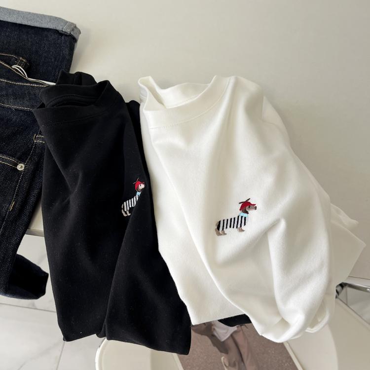 糯叽叽触感休闲风刺绣长袖T恤女