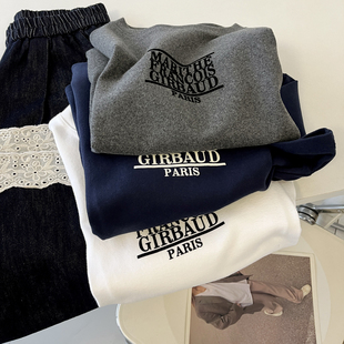 加厚磨毛T 气质灰圆领宽松显瘦字母植绒印花t恤短袖女春秋打底衫