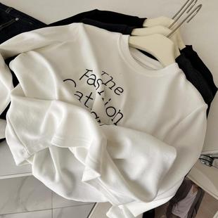气质弧边下摆 双面磨绒字母圆领直筒修身打底衫女秋冬长袖内搭t恤