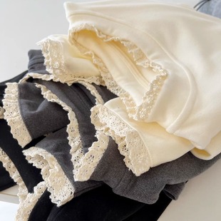 法式小香风 糯感修身德绒加厚蕾丝花边半高领立领打底衫T恤女秋冬