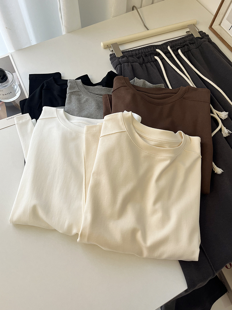 软糯磨毛~温柔纯色正肩鱼骨T恤女