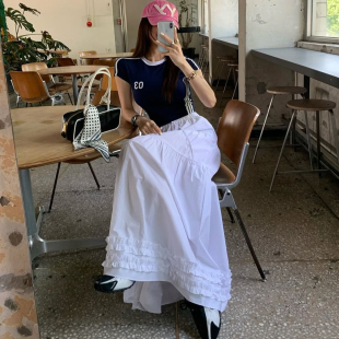 韩国小众设计感拉满新款 高腰拼接木耳边显瘦长裙 白色半身裙女式