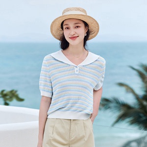 茵曼减龄清新针织衫2024夏女装新款海军领泡泡袖短袖横条纹上衣