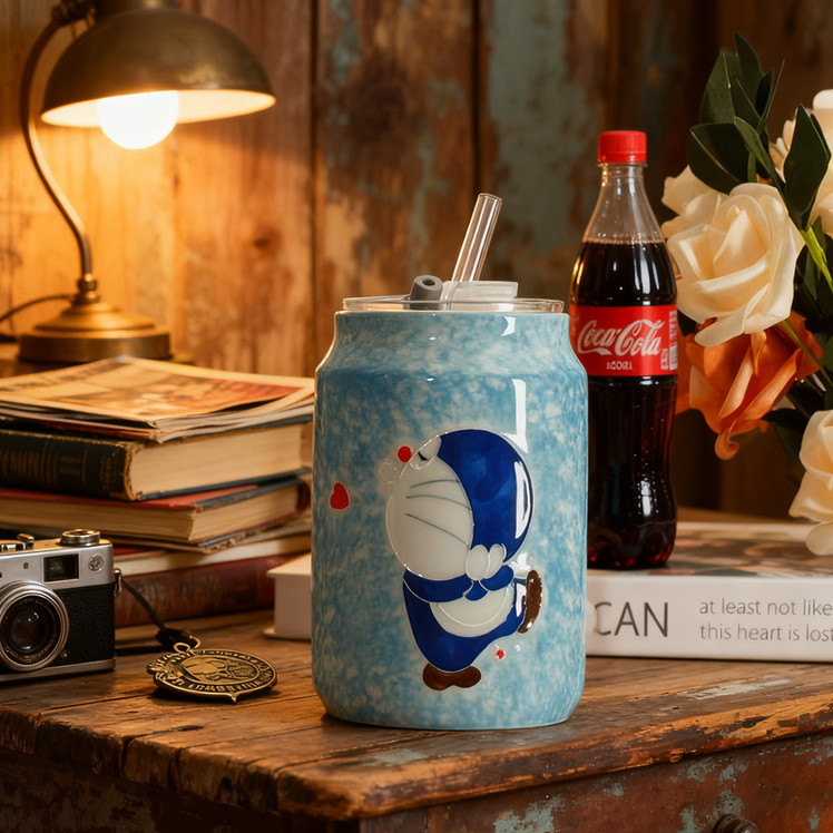 卡通高颜值ins创意陶瓷防烫可爱网红风吸管带盖子可乐易拉罐杯子