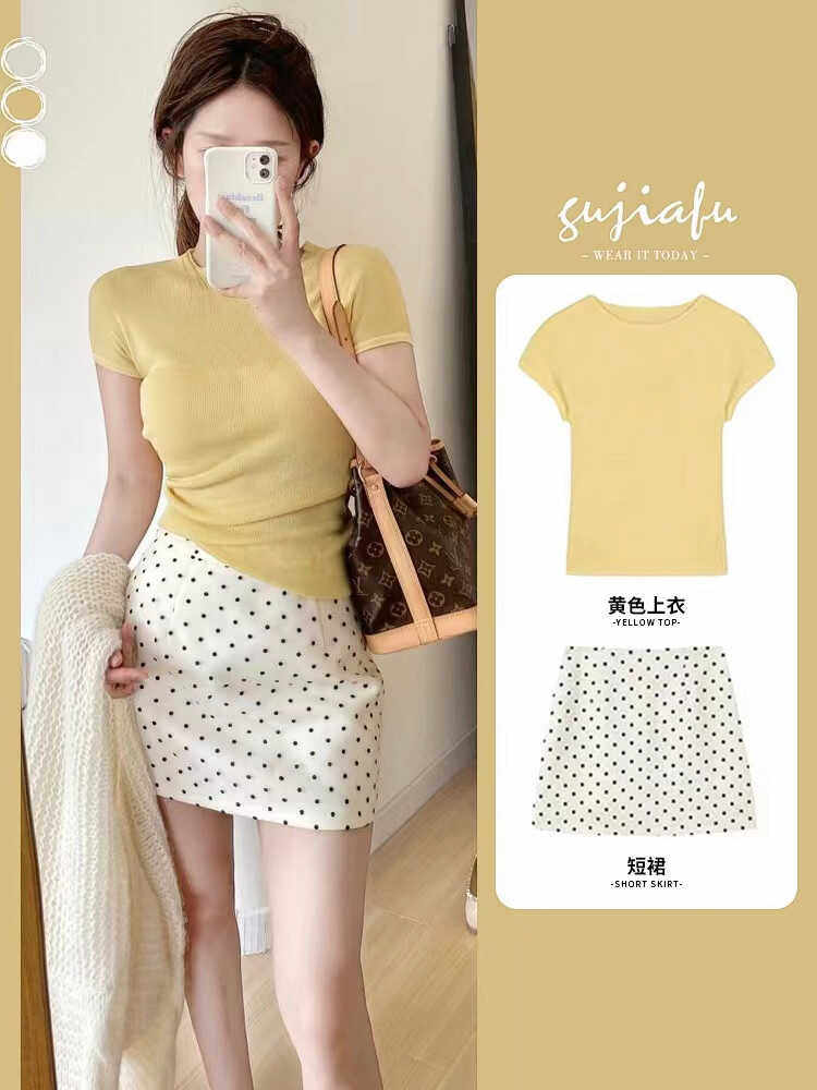 法式白色波点包臀短裙显瘦两件套