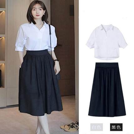 气质黑色高腰a字半身裙职业套装女春小个子垂坠感百褶裙大摆伞裙