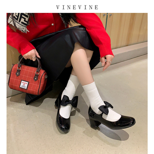 vinevine蔓蔓公主的鞋蝴蝶结中跟玛丽珍小香风真皮法式粗跟单鞋女