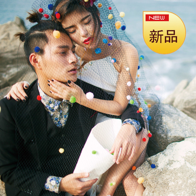 2018新款黑色大网格造型头纱硬纱婚纱摄影创意拍照道具彩球球头纱