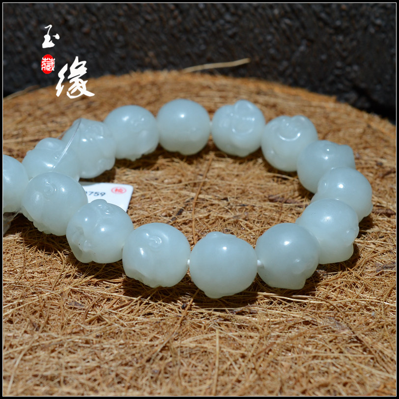 新疆和田玉山料手串且末蓝青白玉圆佛头手链玉之缘男女款新品礼品
