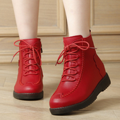 妈妈鞋 单靴子 软底中老年真皮红色短靴平底皮靴系带马丁靴春秋大码