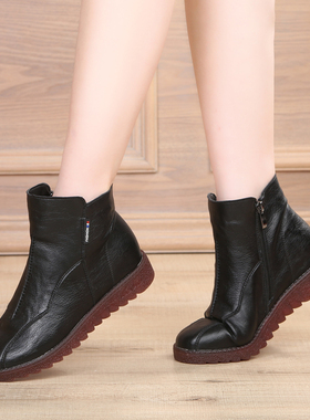 短靴女2025新款大码单靴真皮中老年平底妈妈鞋防滑牛筋软底二棉鞋