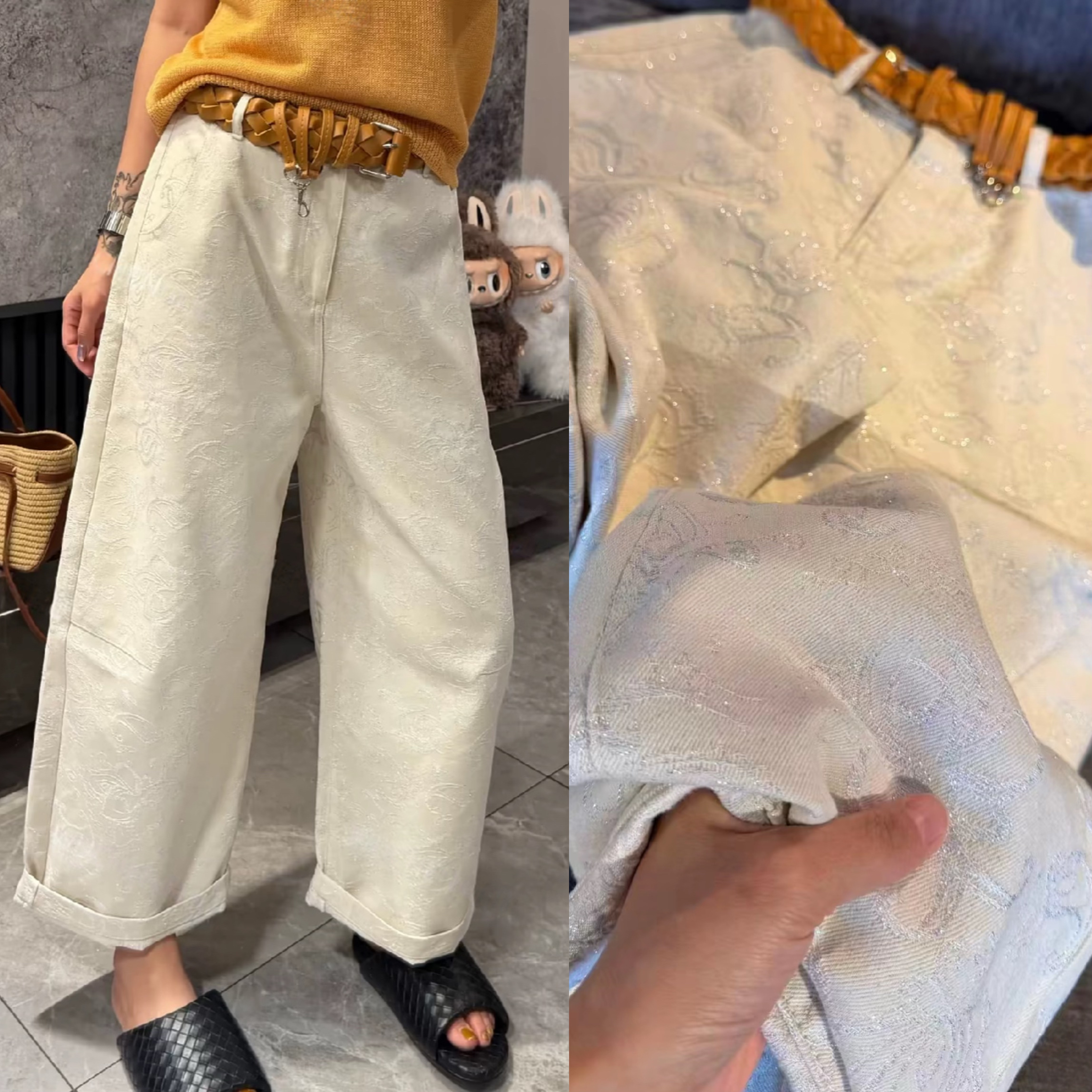 2026夏季新款洋气银丝立体浮雕提花牛仔裤女百搭休闲八分直筒裤潮