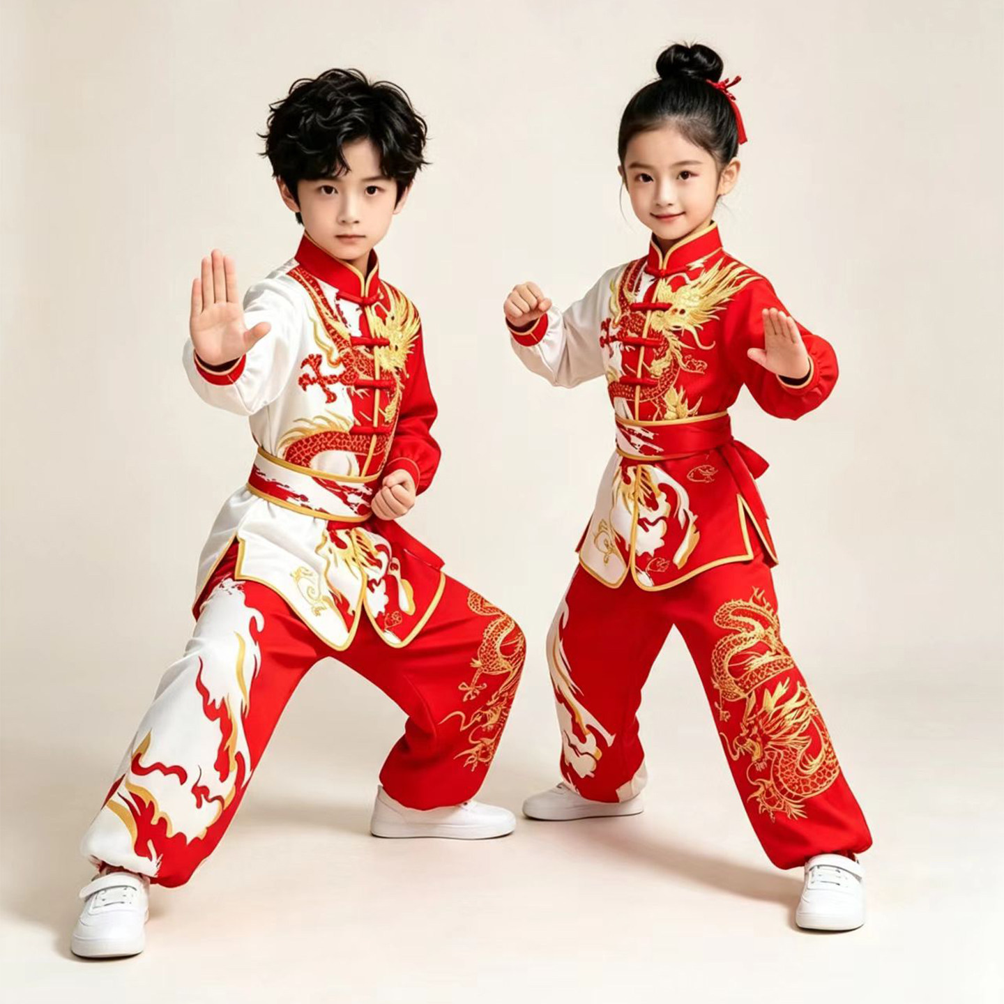 红白龙纹太极拳儿童武术练功表演服装演出服装中国功夫武馆训练服