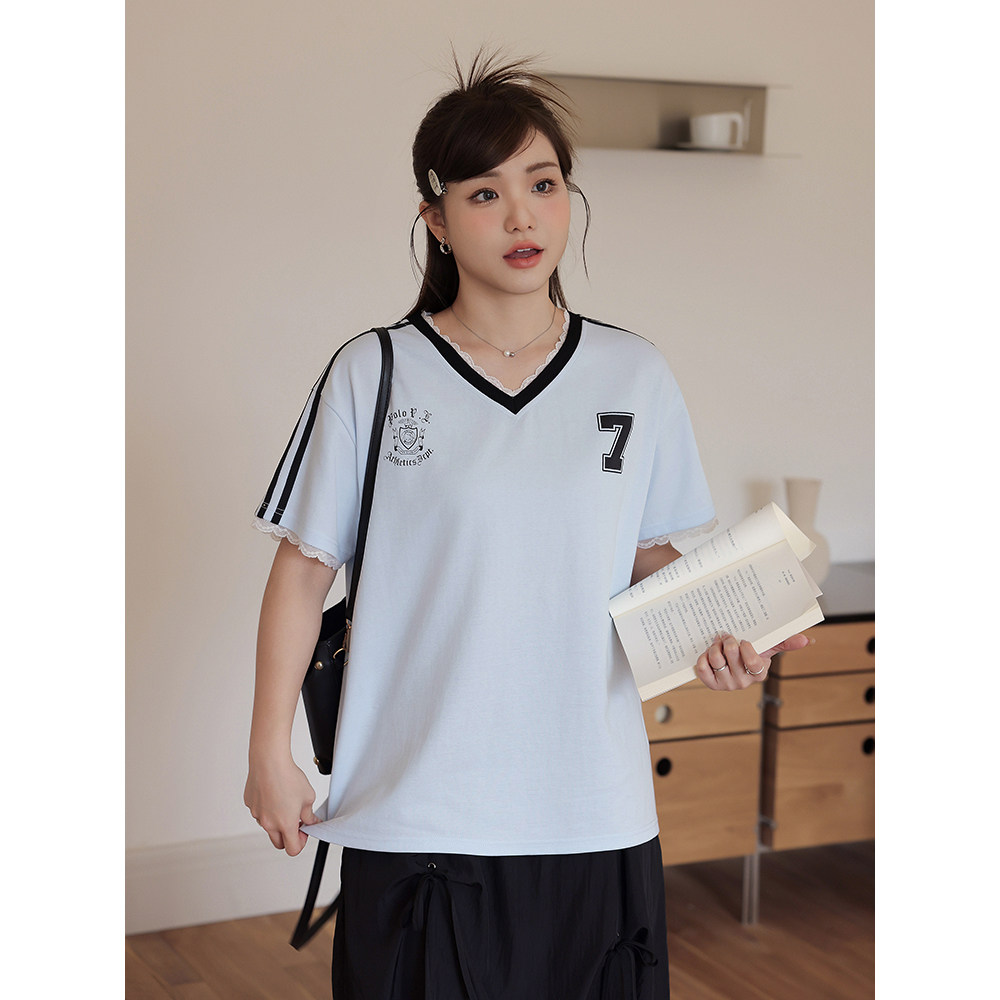 大码女装夏季韩版蕾丝花边撞色V领胖mm宽松显瘦遮肚子短袖T恤上衣