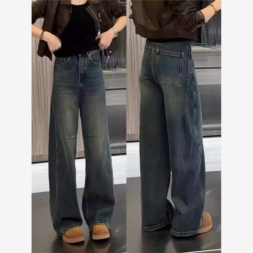 大码覆古蓝牛仔阔腿裤女