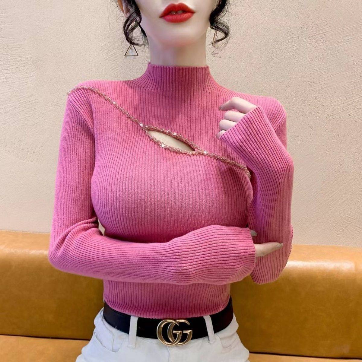 钉珠半高领长袖打底衫秋冬新款毛衣女修身内搭针织衫洋气上衣