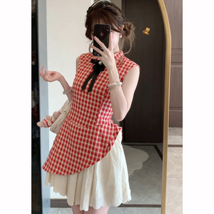 新中式红色格纹连衣裙女2025夏季新款千金风小个子收腰显瘦公主裙