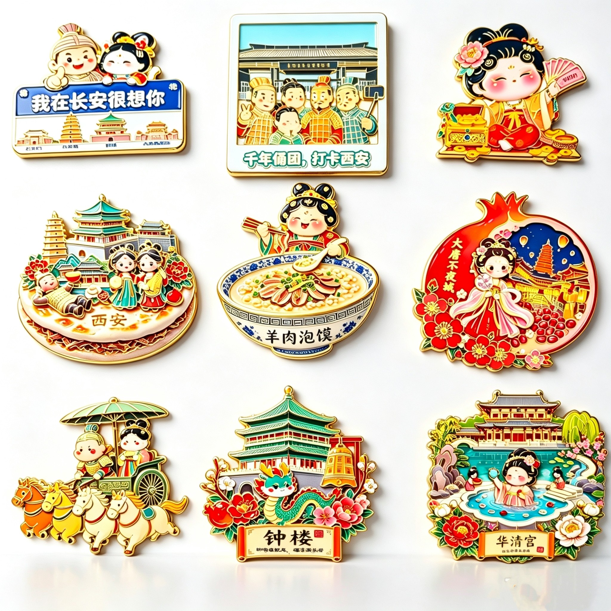 西安浮雕冰箱贴钟楼大雁塔兵马俑博物馆肉夹馍美食冰箱贴纪念品限