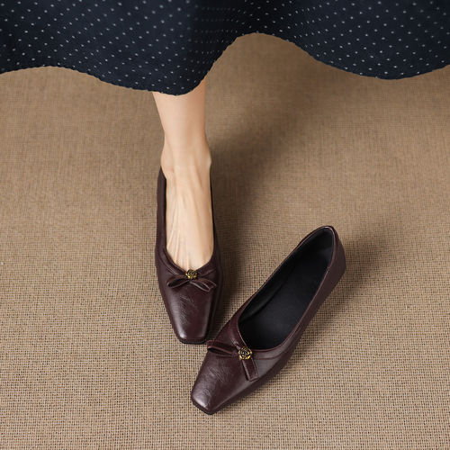 软羊皮法式复古坡跟方头单鞋女