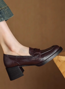 软羊皮黑色高跟山茶花乐福鞋2025春秋新款英伦风一脚蹬厚底单鞋女