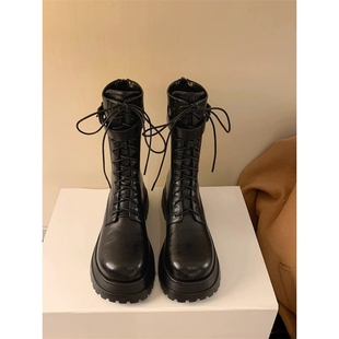 真皮厚底增高马丁靴女2025秋冬新款 英伦风系带中筒靴骑士靴短靴子