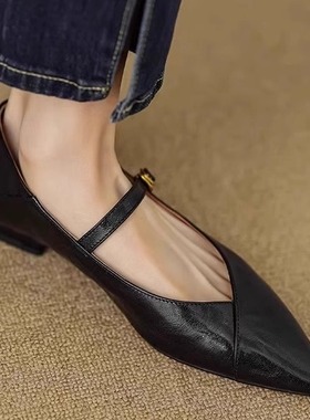 软羊皮气质尖头平底玛丽珍鞋女2025春秋新款法式复古黑色软底单鞋