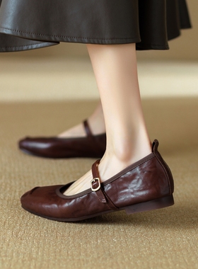 超软羊皮黑色平底单鞋2025春秋新款法式复古软底一字扣玛丽珍鞋女