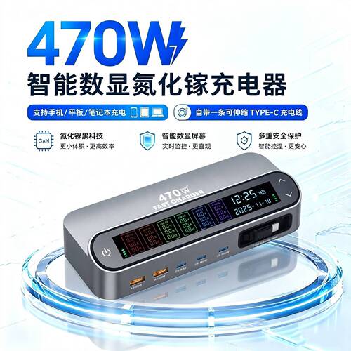 2026新款470W数字显屏快充氮化镓2A3C充电器PD140W伸缩数据线65W手机苹果电脑通用英澳欧规桌面充电坞带开关