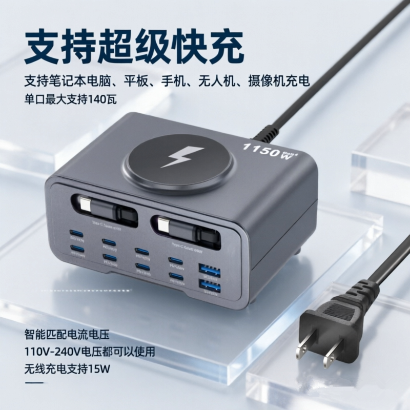 1150W氮化镓多口充电器双伸缩线