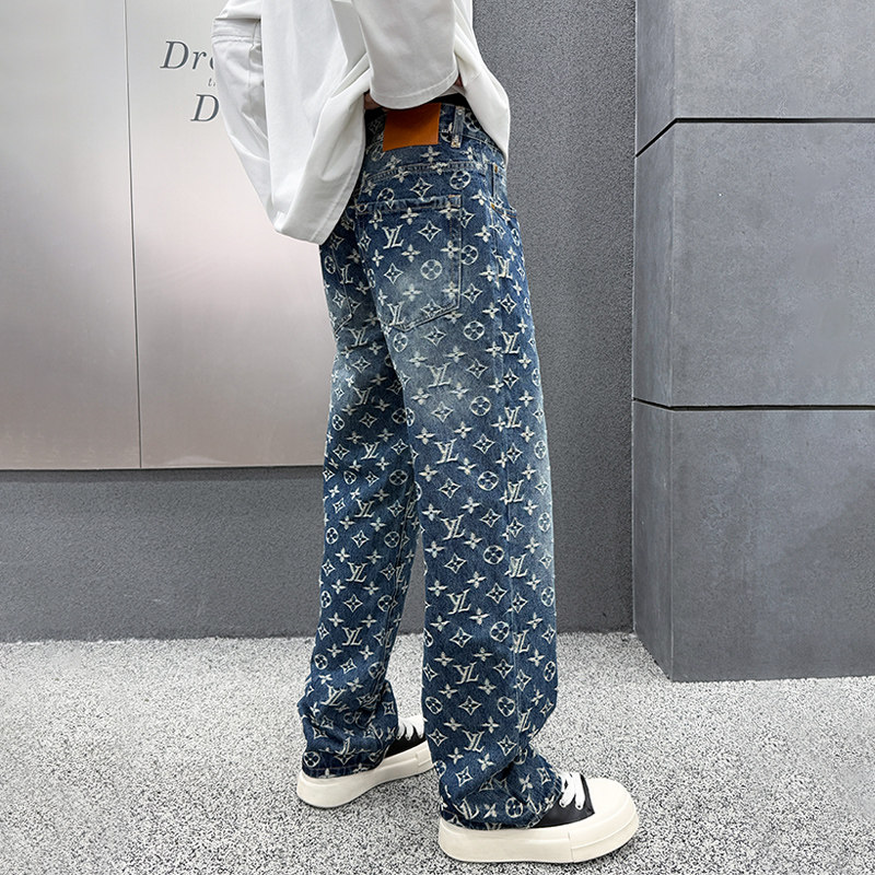 香港潮牌美式轻奢高街提花牛仔裤男宽松直筒阔腿痞帅微喇长裤子男