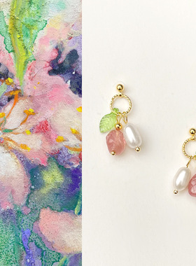 原创手作甜美小清新淡水珍珠耳环天然石草莓晶森系百搭高级感耳饰